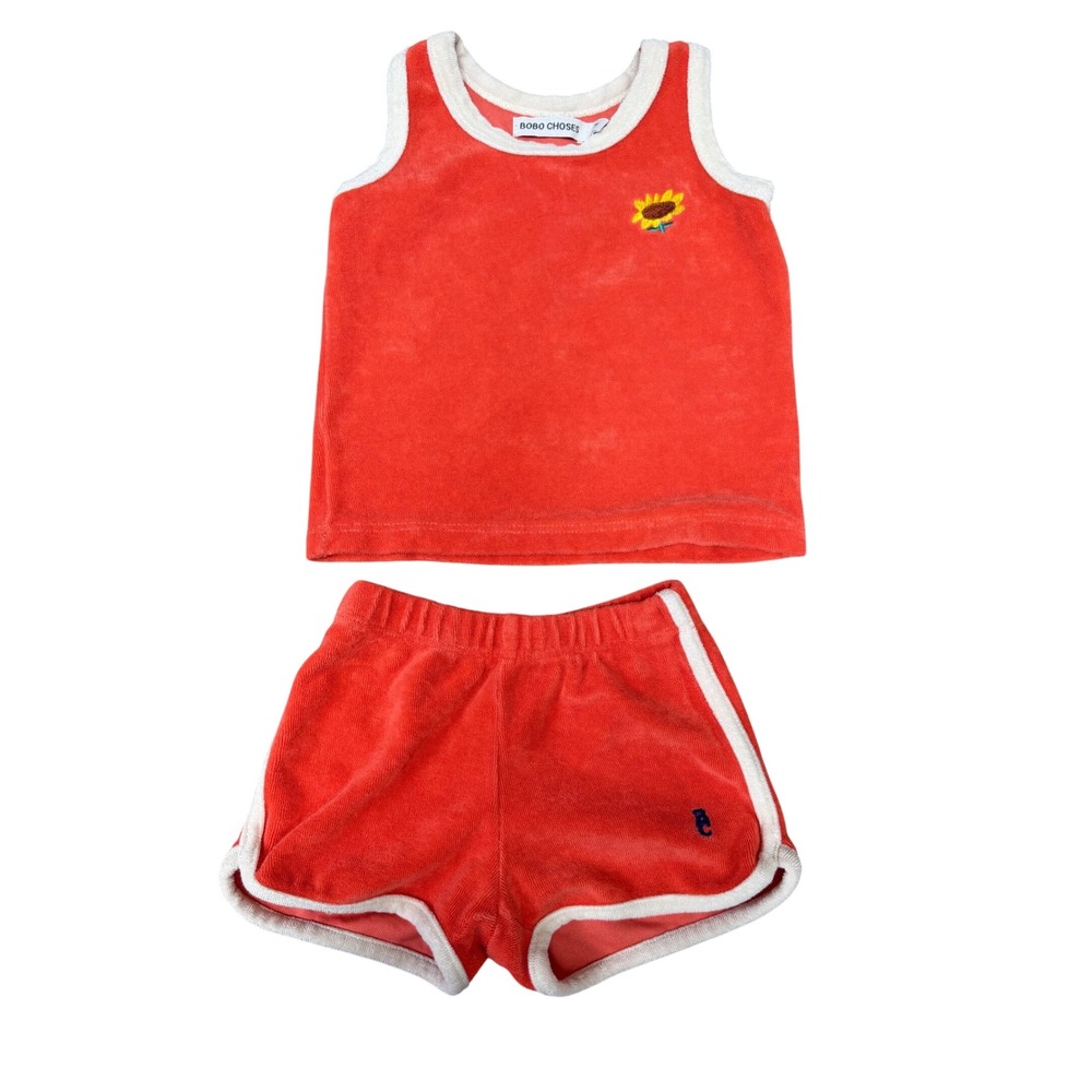 Bobo Choses Kids 12M Orange Terry Cloth Tank Top and Shorts Set Sunflower Retro